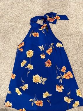 Lulu's Royal Blue Floral Halter Dress with Yellow Orange Blooms